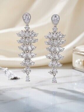 Silver Pear Cut Crystal Chandelier Dangle Earrings